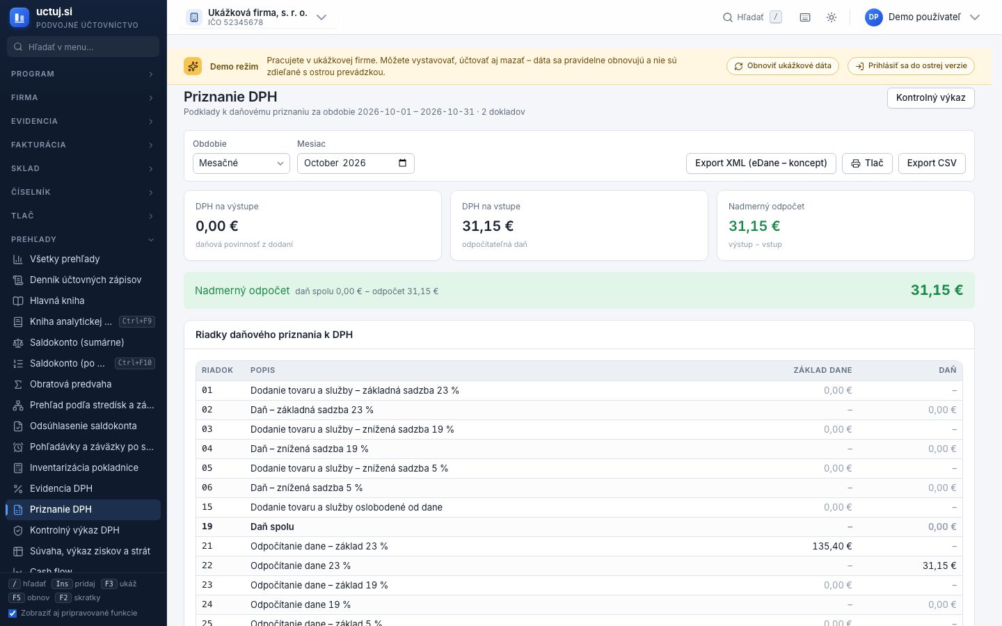 Priznanie DPH po riadkoch s možnosťou exportu XML